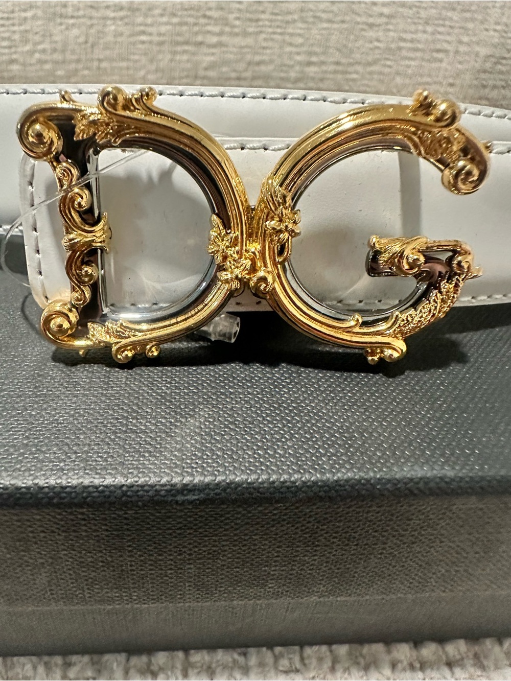 Dolce & Gabbana White Leather Belt with Ornate Gold DG Buckle